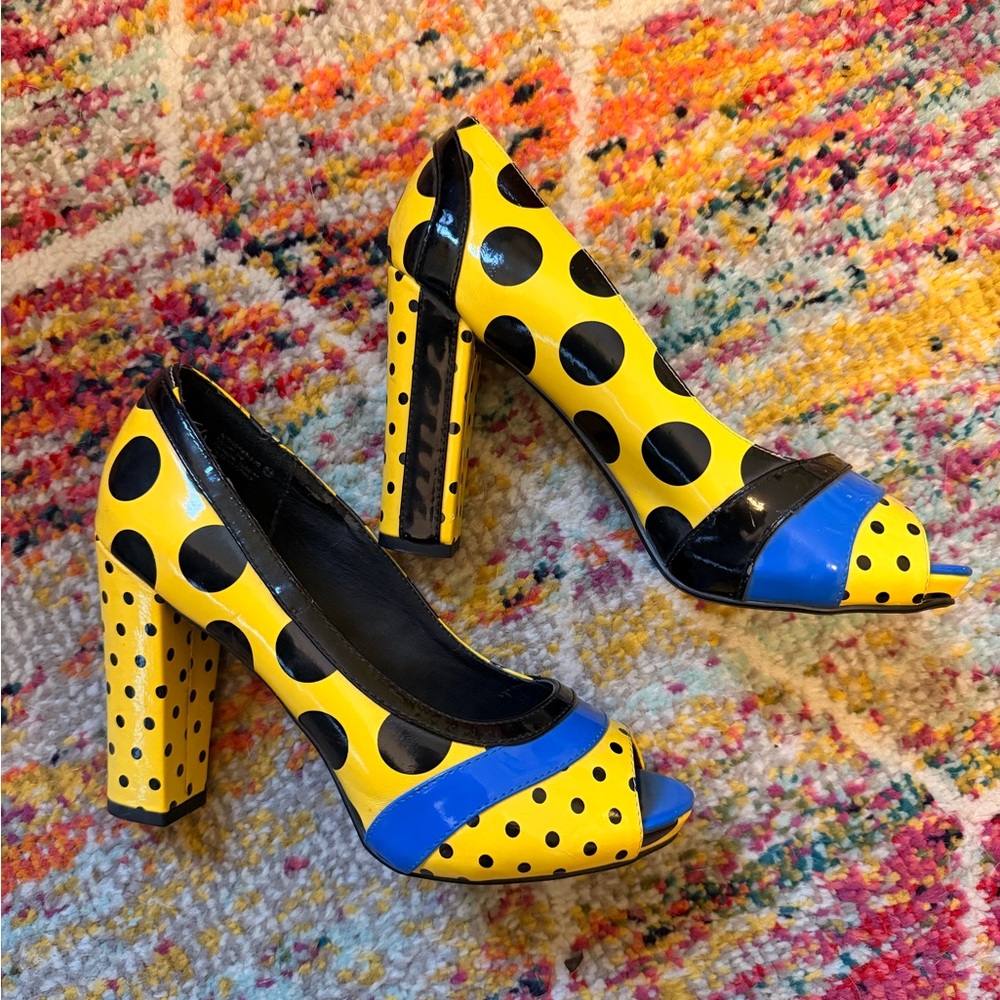 Not Rated Yellow Polka Dot Peep-Toe Heels with Blue Accent